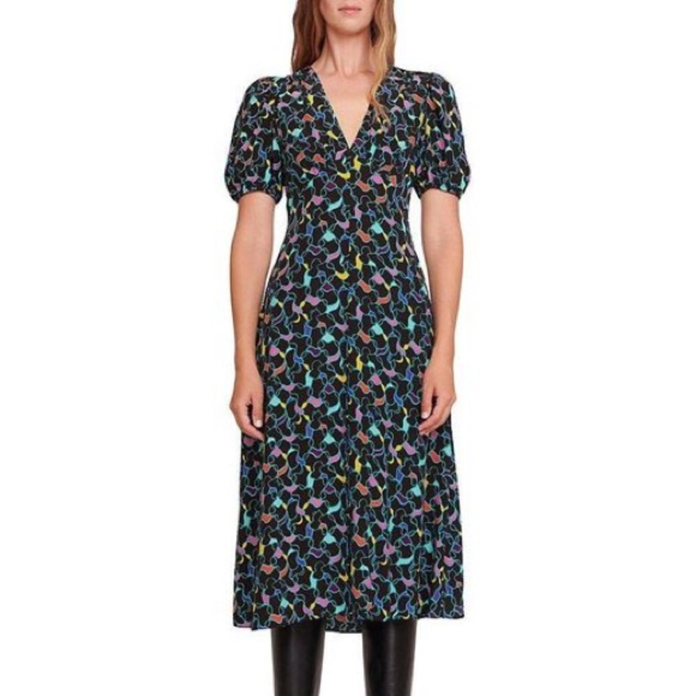 STAUD Size 2 Milla Colorful Midi Puff Sleeve Dress